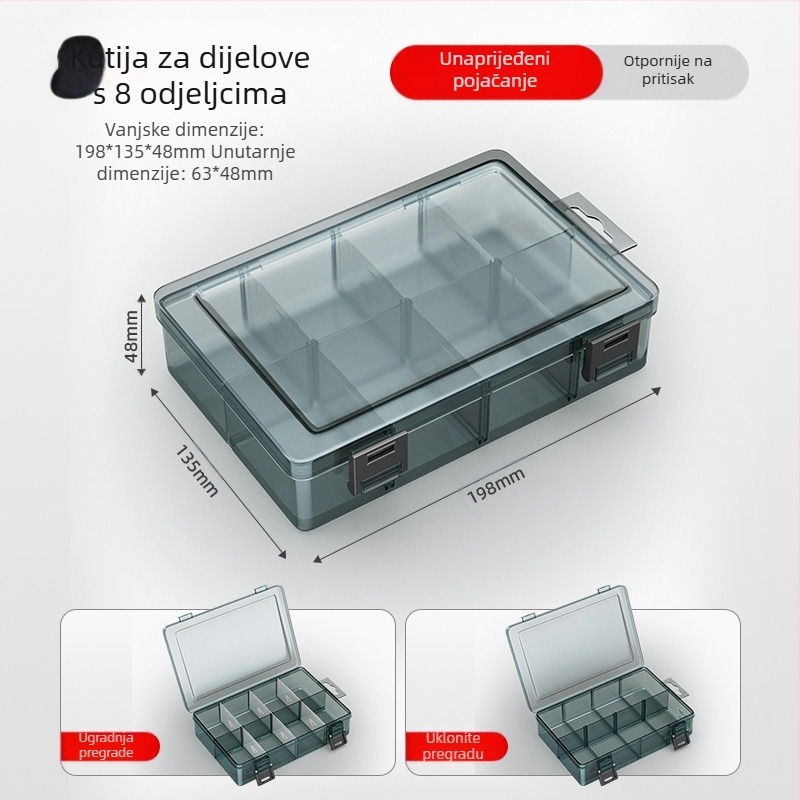 Plastična kutija za dijelove s višestrukim pretincima, čvrsto ojačanim pregradama i mogućnošću uklanjanja dijelova za vijke, bušilice i elektroničke komponente