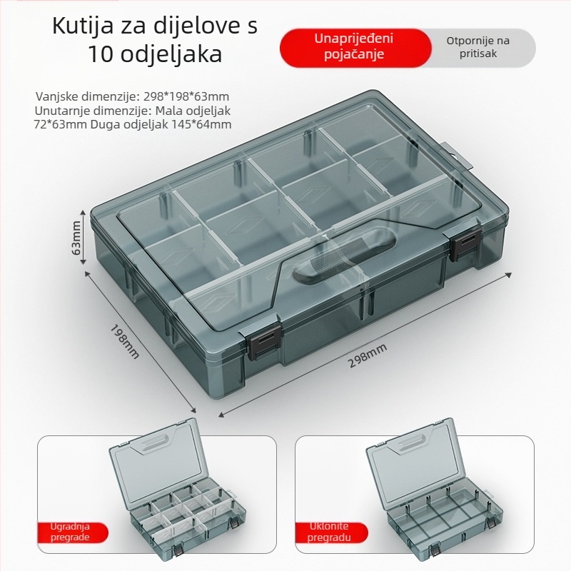 Plastična kutija za dijelove s višestrukim pretincima, čvrsto ojačanim pregradama i mogućnošću uklanjanja dijelova za vijke, bušilice i elektroničke komponente