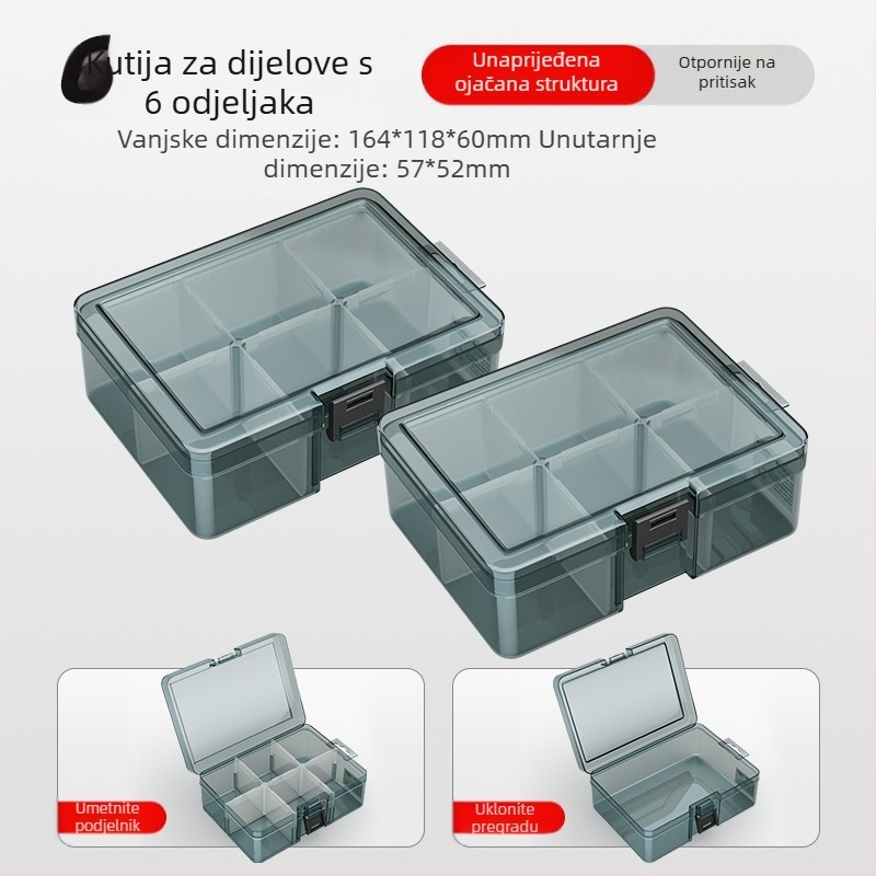 Plastična kutija za dijelove s višestrukim pretincima, čvrsto ojačanim pregradama i mogućnošću uklanjanja dijelova za vijke, bušilice i elektroničke komponente