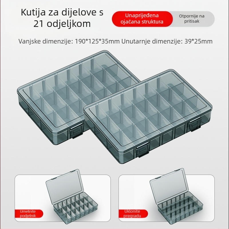 Plastična kutija za dijelove s višestrukim pretincima, čvrsto ojačanim pregradama i mogućnošću uklanjanja dijelova za vijke, bušilice i elektroničke komponente