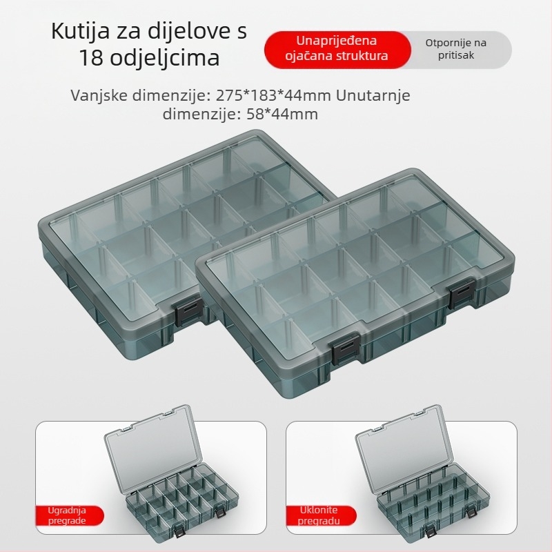Plastična kutija za dijelove s višestrukim pretincima, čvrsto ojačanim pregradama i mogućnošću uklanjanja dijelova za vijke, bušilice i elektroničke komponente