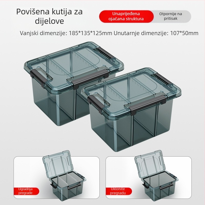 Plastična kutija za dijelove s višestrukim pretincima, čvrsto ojačanim pregradama i mogućnošću uklanjanja dijelova za vijke, bušilice i elektroničke komponente
