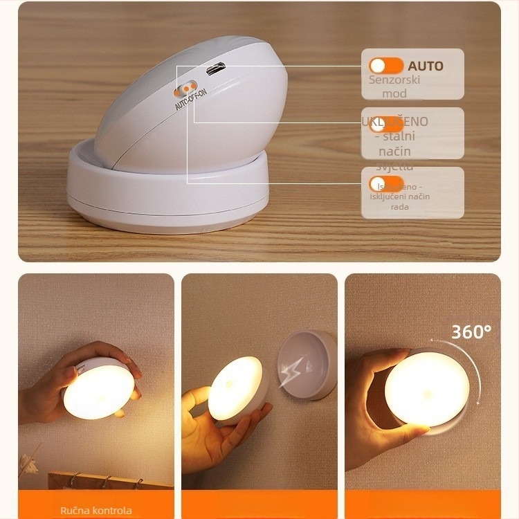 LED noćna lampica s senzorom pokreta, 360° rotacija, magnetsko držanje, punjiva baterija (360° rotacija, senzor pokreta, LED, punjiva baterija, magnetsko držanje)