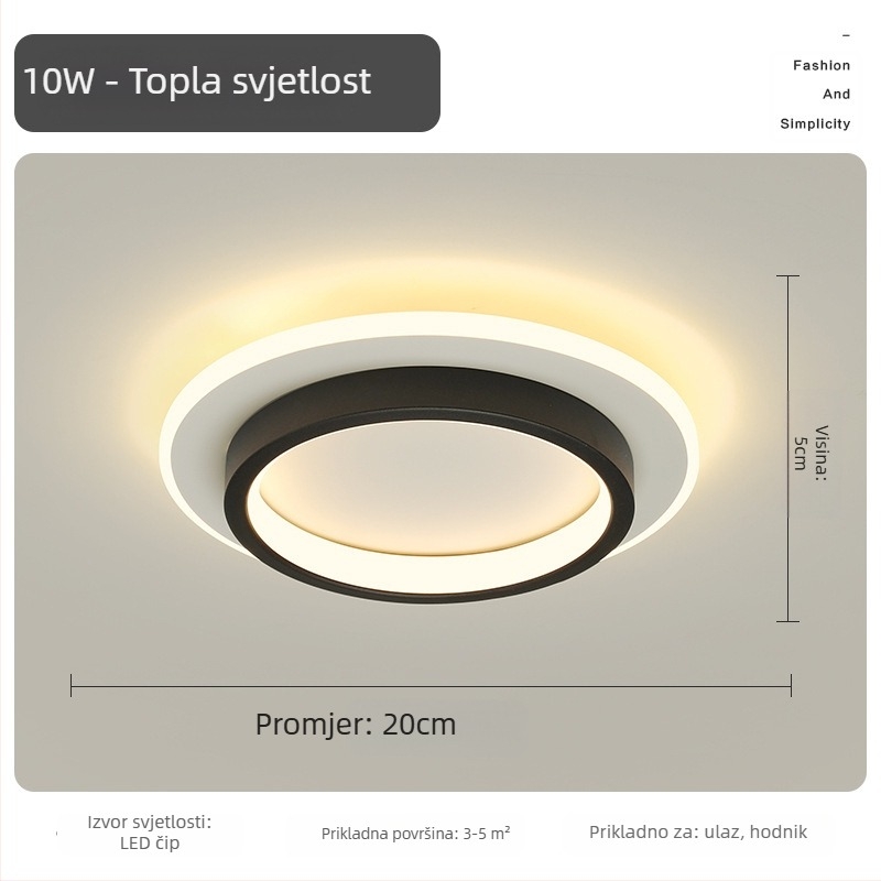 Nordijska LED stropna svjetiljka za hodnik i ulaz, metalno tijelo, akrilno sjenilo, domet 5–10 m²
