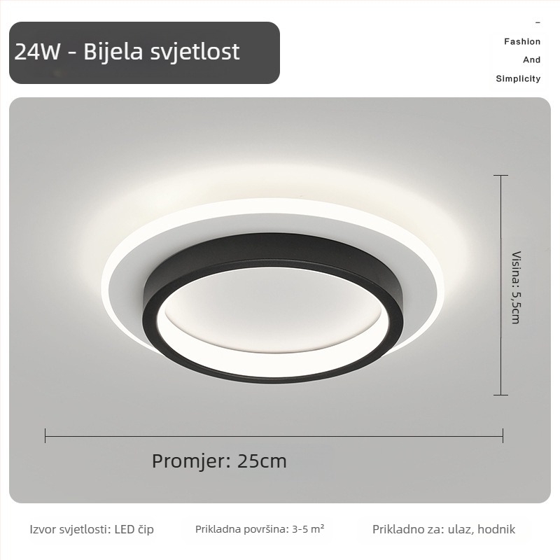 Nordijska LED stropna svjetiljka za hodnik i ulaz, metalno tijelo, akrilno sjenilo, domet 5–10 m²