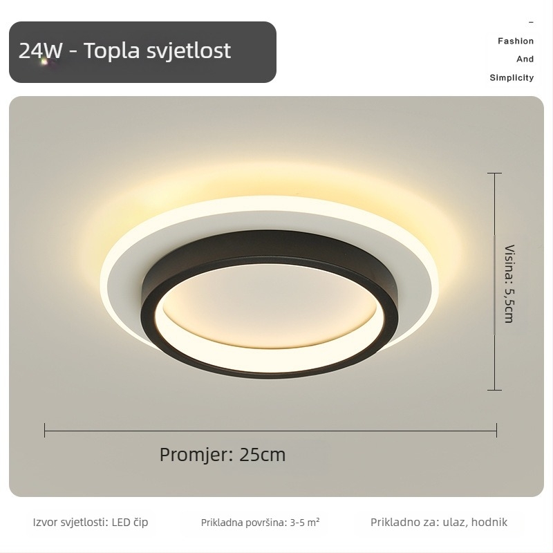 Nordijska LED stropna svjetiljka za hodnik i ulaz, metalno tijelo, akrilno sjenilo, domet 5–10 m²