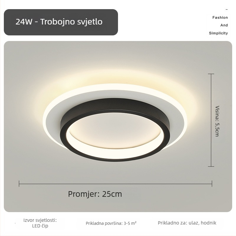 Nordijska LED stropna svjetiljka za hodnik i ulaz, metalno tijelo, akrilno sjenilo, domet 5–10 m²
