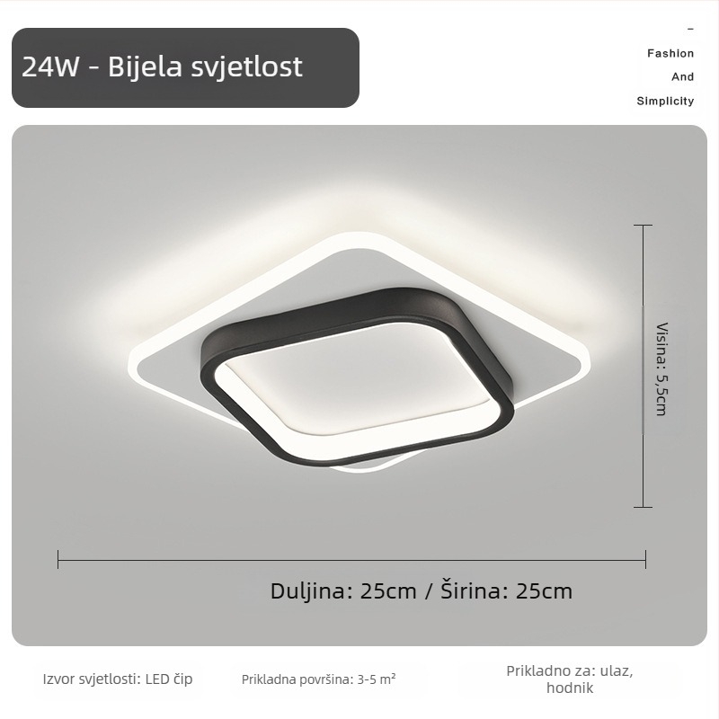 Nordijska LED stropna svjetiljka za hodnik i ulaz, metalno tijelo, akrilno sjenilo, domet 5–10 m²