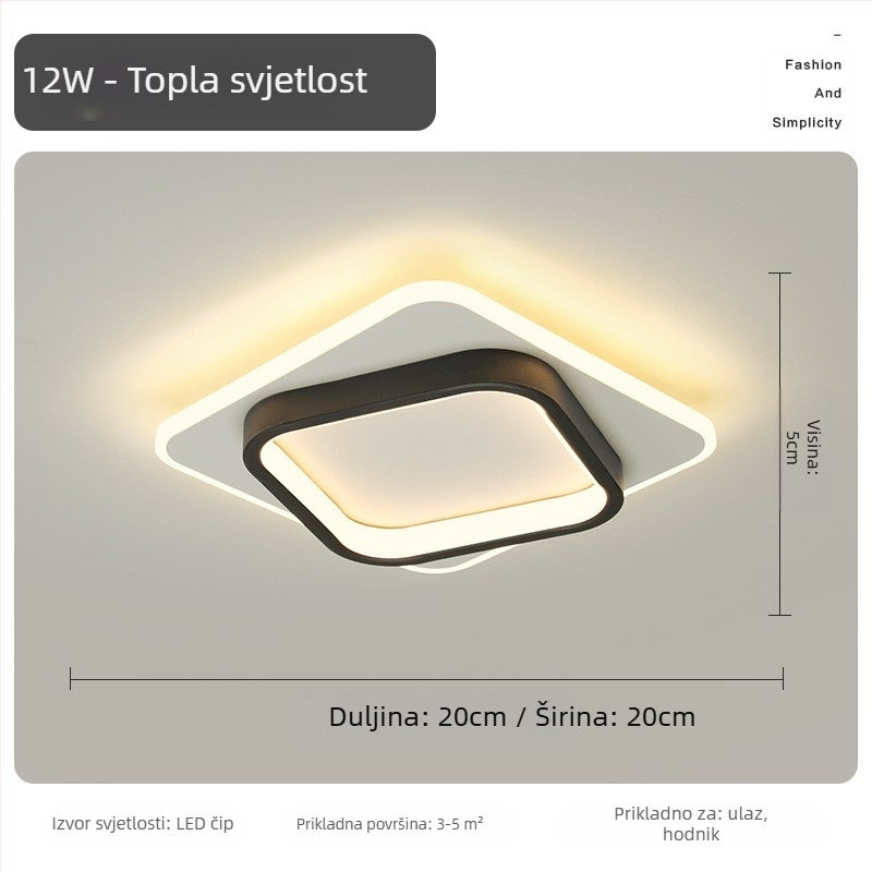 Nordijska LED stropna svjetiljka za hodnik i ulaz, metalno tijelo, akrilno sjenilo, domet 5–10 m²