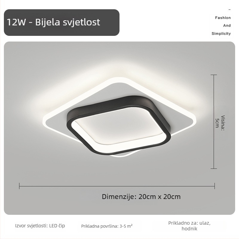 Nordijska LED stropna svjetiljka za hodnik i ulaz, metalno tijelo, akrilno sjenilo, domet 5–10 m²
