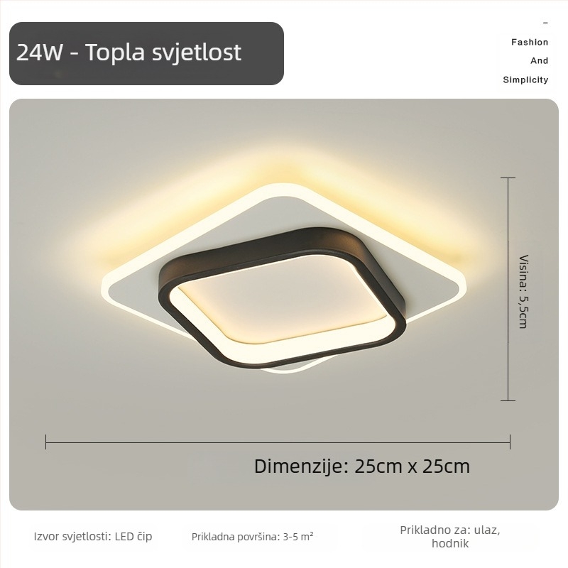 Nordijska LED stropna svjetiljka za hodnik i ulaz, metalno tijelo, akrilno sjenilo, domet 5–10 m²