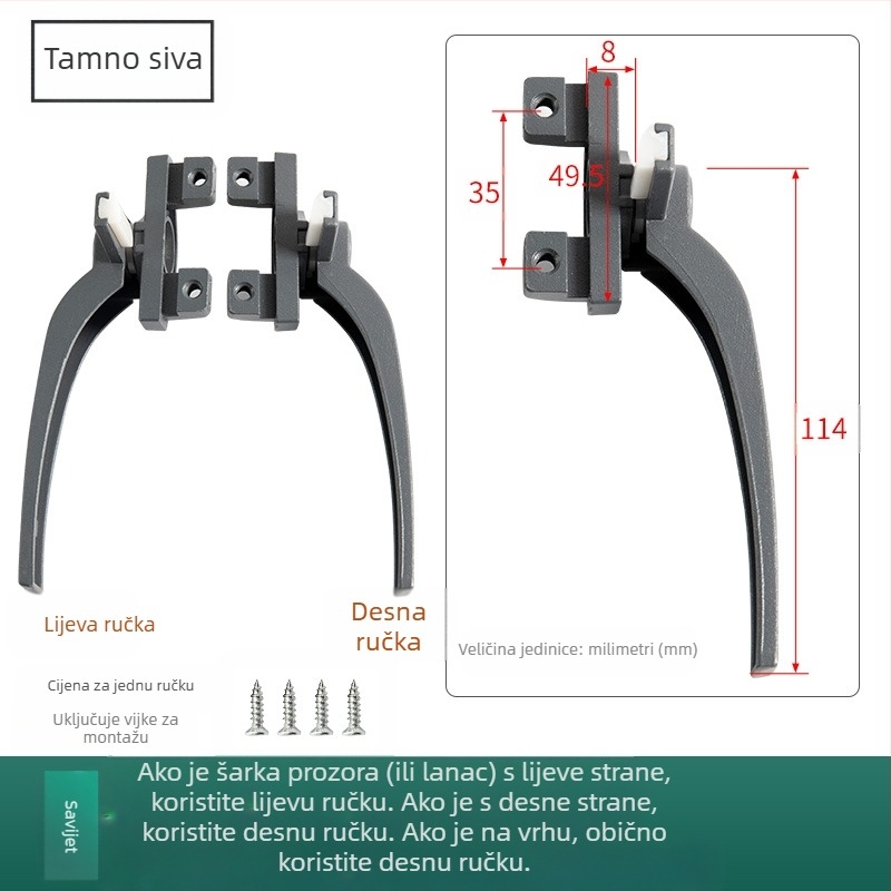 Prozorska kvaka – moderni minimalistički dizajn, model 050, materijal: cinkova legura