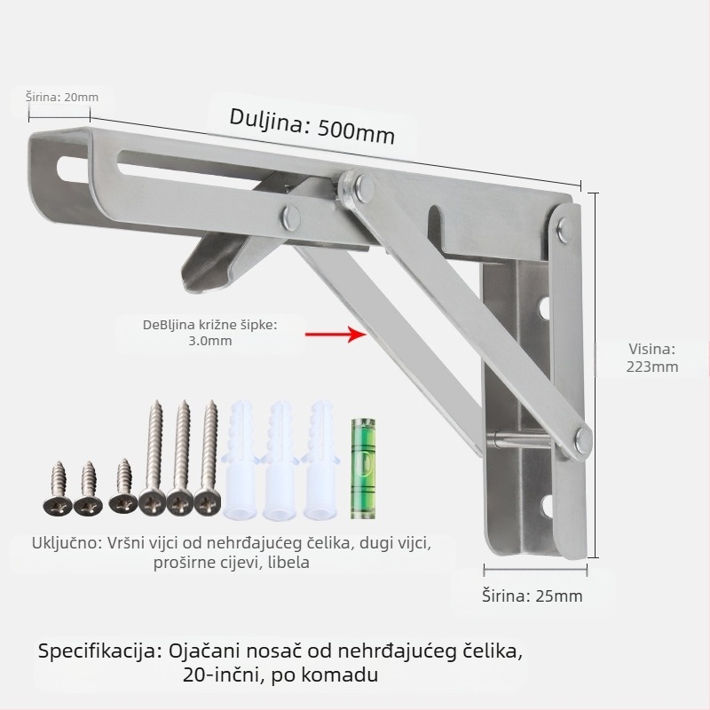 Sklopivi trokutni nosač za zid od nehrđajućeg čelika, model 0362, brušeni završni sloj