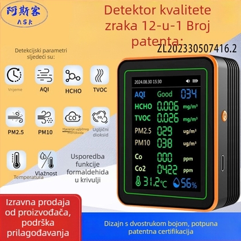Monitor kvalitete zraka 15-in-1: CO2, PM2.5, TVOC, formaldehid, temperatura i vlaga, model ZN-MT22, raspon CO2 400-5000 ppm, točnost 1 ppm, DC 3.7V