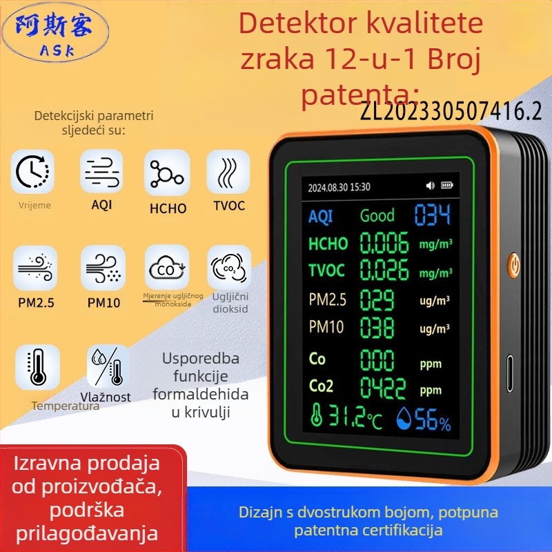 Monitor kvalitete zraka 15-in-1: CO2, PM2.5, TVOC, formaldehid, temperatura i vlaga, model ZN-MT22, raspon CO2 400-5000 ppm, točnost 1 ppm, DC 3.7V