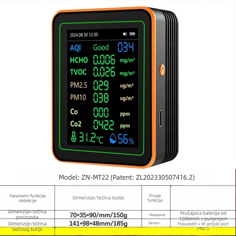 Monitor kvalitete zraka 15-in-1: CO2, PM2.5, TVOC, formaldehid, temperatura i vlaga, model ZN-MT22, raspon CO2 400-5000 ppm, točnost 1 ppm, DC 3.7V