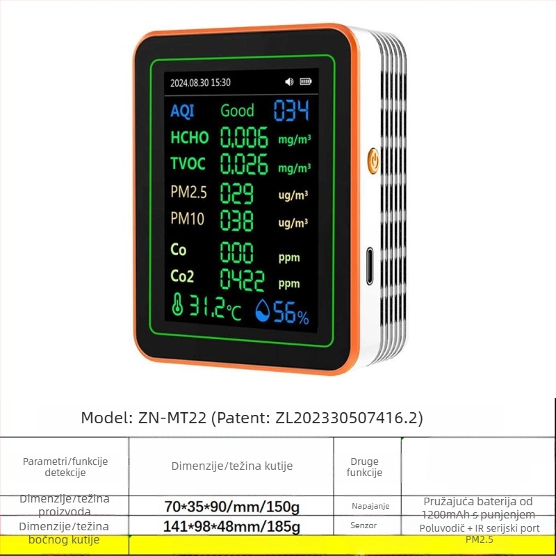 Monitor kvalitete zraka 15-in-1: CO2, PM2.5, TVOC, formaldehid, temperatura i vlaga, model ZN-MT22, raspon CO2 400-5000 ppm, točnost 1 ppm, DC 3.7V