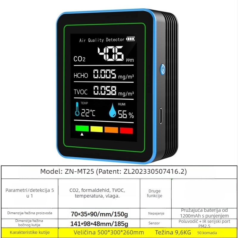 Monitor kvalitete zraka 15-in-1: CO2, PM2.5, TVOC, formaldehid, temperatura i vlaga, model ZN-MT22, raspon CO2 400-5000 ppm, točnost 1 ppm, DC 3.7V