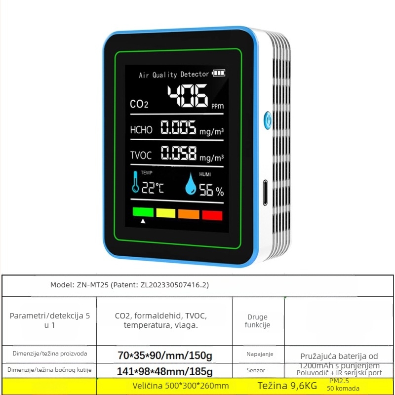 Monitor kvalitete zraka 15-in-1: CO2, PM2.5, TVOC, formaldehid, temperatura i vlaga, model ZN-MT22, raspon CO2 400-5000 ppm, točnost 1 ppm, DC 3.7V