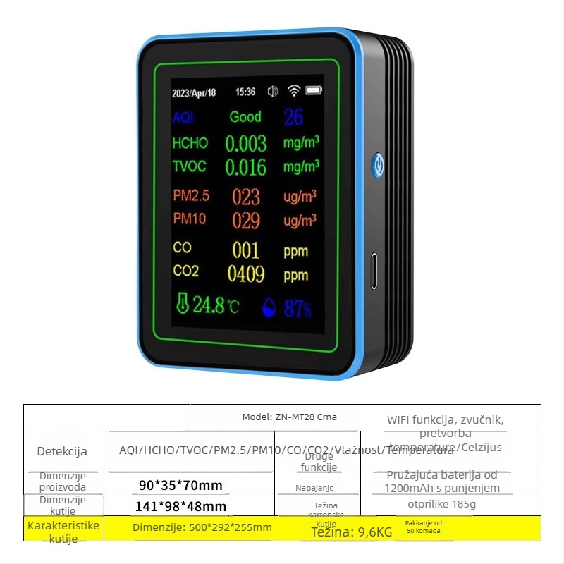 Monitor kvalitete zraka 15-in-1: CO2, PM2.5, TVOC, formaldehid, temperatura i vlaga, model ZN-MT22, raspon CO2 400-5000 ppm, točnost 1 ppm, DC 3.7V