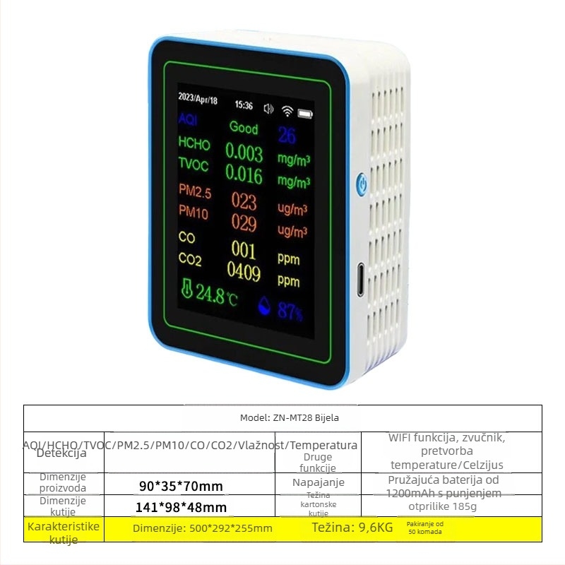 Monitor kvalitete zraka 15-in-1: CO2, PM2.5, TVOC, formaldehid, temperatura i vlaga, model ZN-MT22, raspon CO2 400-5000 ppm, točnost 1 ppm, DC 3.7V
