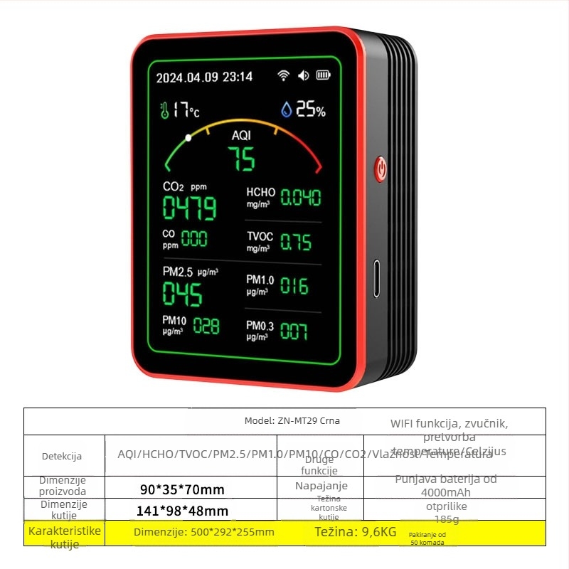 Monitor kvalitete zraka 15-in-1: CO2, PM2.5, TVOC, formaldehid, temperatura i vlaga, model ZN-MT22, raspon CO2 400-5000 ppm, točnost 1 ppm, DC 3.7V