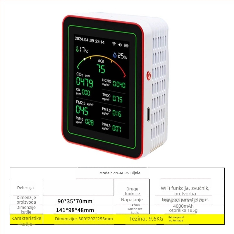 Monitor kvalitete zraka 15-in-1: CO2, PM2.5, TVOC, formaldehid, temperatura i vlaga, model ZN-MT22, raspon CO2 400-5000 ppm, točnost 1 ppm, DC 3.7V