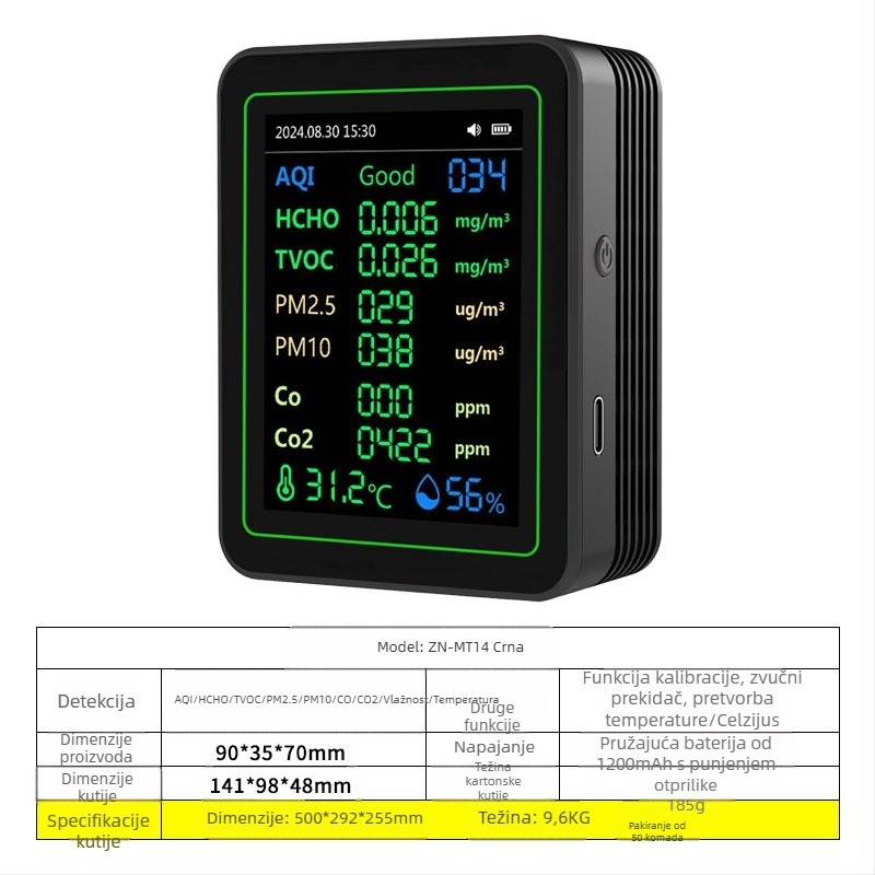 Monitor kvalitete zraka 15-in-1: CO2, PM2.5, TVOC, formaldehid, temperatura i vlaga, model ZN-MT22, raspon CO2 400-5000 ppm, točnost 1 ppm, DC 3.7V