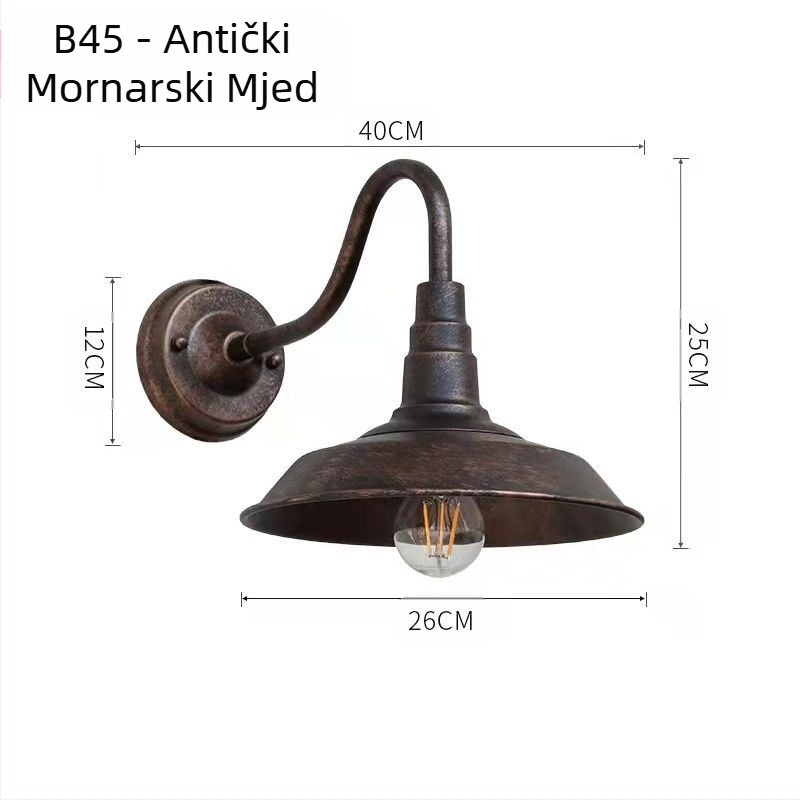 Zidna lampa industrijskog retro stila, stakleni abažur, metalno tijelo, LED, 220V