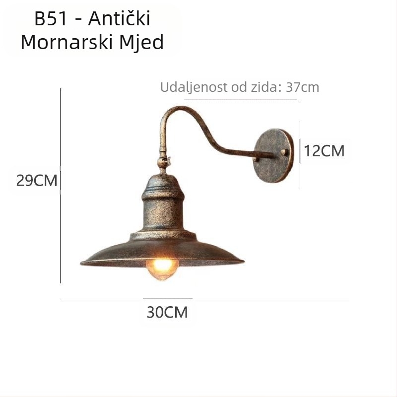 Zidna lampa industrijskog retro stila, stakleni abažur, metalno tijelo, LED, 220V