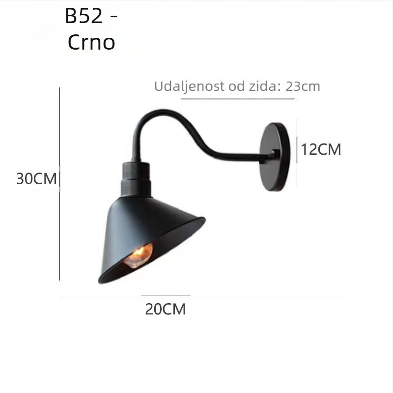 Zidna lampa industrijskog retro stila, stakleni abažur, metalno tijelo, LED, 220V