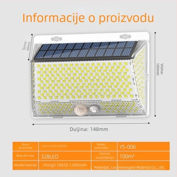 Solarna vanjska LED zidna svjetiljka za dvorište s magnetskim daljinskim upravljačem – IP65, četverostruko osvjetljenje, model YS-006, 5W, 6V