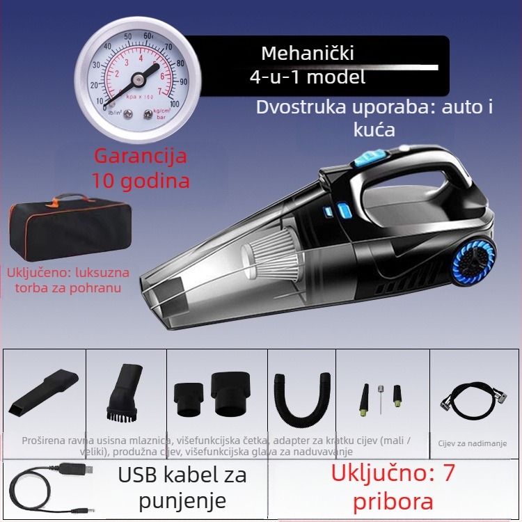 Ručni usisavač za automobil s pumpom zraka i bežičnim punjenjem – 6000 Pa, 12V, 120W