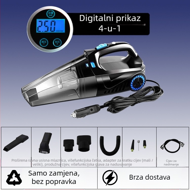 Ručni usisavač za automobil s pumpom zraka i bežičnim punjenjem – 6000 Pa, 12V, 120W