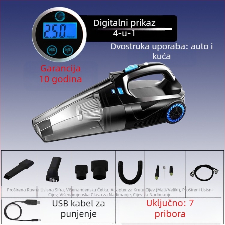 Ručni usisavač za automobil s pumpom zraka i bežičnim punjenjem – 6000 Pa, 12V, 120W