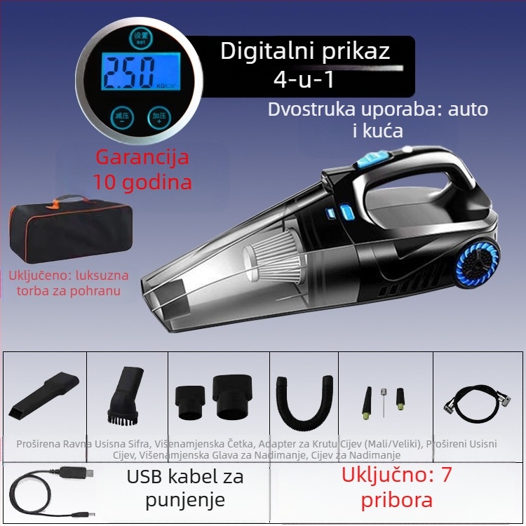 Ručni usisavač za automobil s pumpom zraka i bežičnim punjenjem – 6000 Pa, 12V, 120W