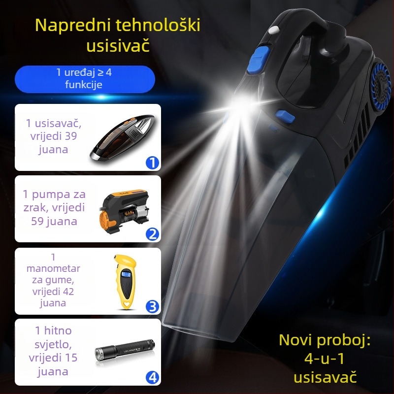 Ručni usisavač za automobil s pumpom zraka i bežičnim punjenjem – 6000 Pa, 12V, 120W