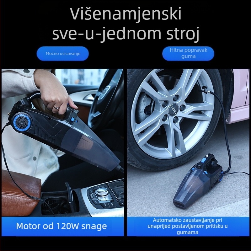 Ručni usisavač za automobil s pumpom zraka i bežičnim punjenjem – 6000 Pa, 12V, 120W