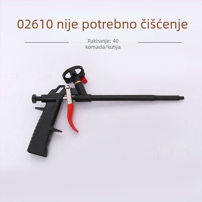 Pistolj za pjenu ljepilo | materijal: legura-plastika; maksimalni tlak izlaza: 1; maksimalni protok: 2; optimalna udaljenost prskanja: 3; širina prskanja: 4