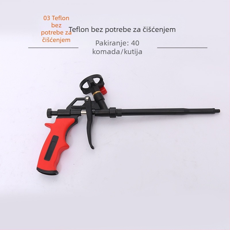 Pistolj za pjenu ljepilo | materijal: legura-plastika; maksimalni tlak izlaza: 1; maksimalni protok: 2; optimalna udaljenost prskanja: 3; širina prskanja: 4