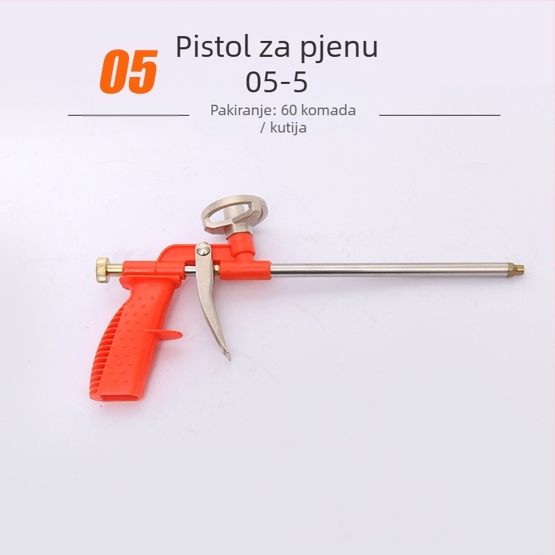 Pistolj za pjenu ljepilo | materijal: legura-plastika; maksimalni tlak izlaza: 1; maksimalni protok: 2; optimalna udaljenost prskanja: 3; širina prskanja: 4
