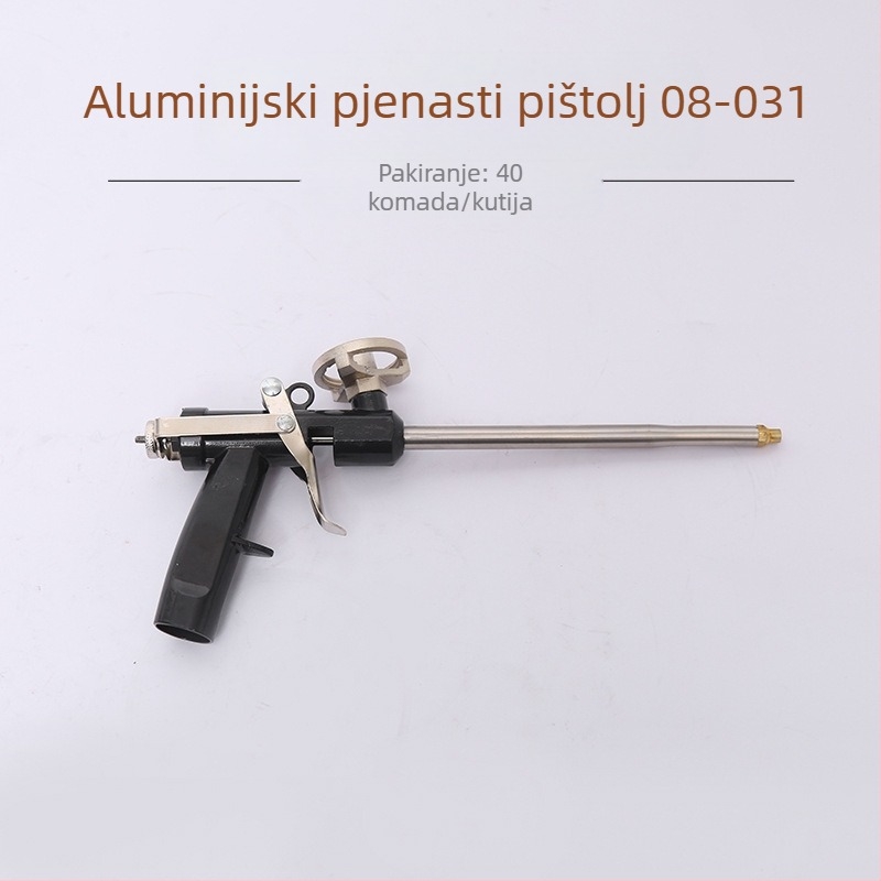Pistolj za pjenu ljepilo | materijal: legura-plastika; maksimalni tlak izlaza: 1; maksimalni protok: 2; optimalna udaljenost prskanja: 3; širina prskanja: 4