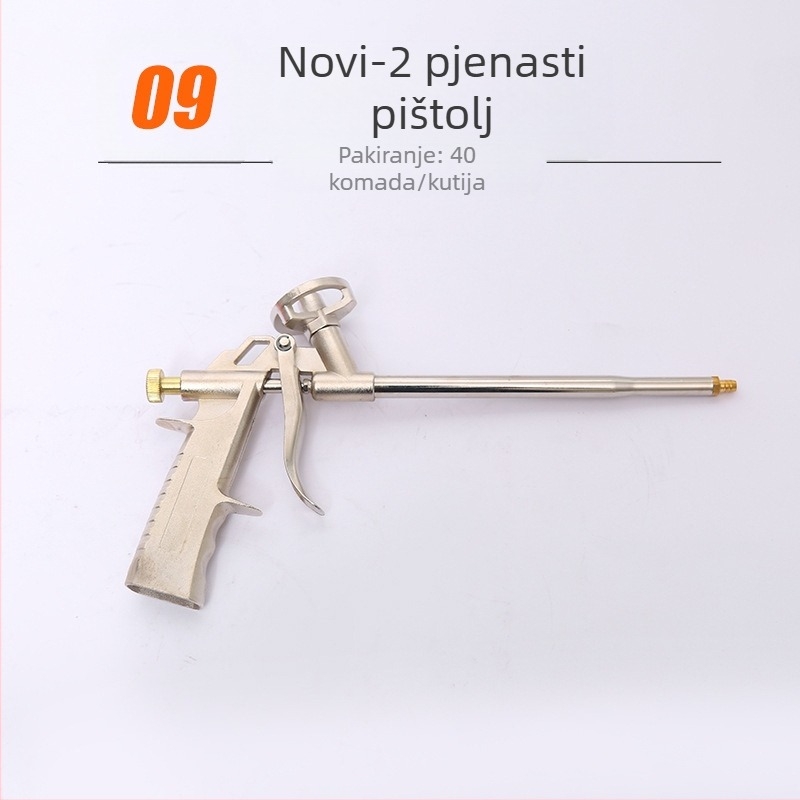 Pistolj za pjenu ljepilo | materijal: legura-plastika; maksimalni tlak izlaza: 1; maksimalni protok: 2; optimalna udaljenost prskanja: 3; širina prskanja: 4