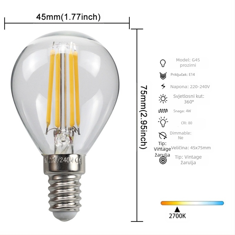 LED Edison stil žarulja, model G45, utičnica E27/E26, 220V, CRI > 90