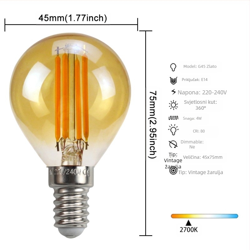 LED Edison stil žarulja, model G45, utičnica E27/E26, 220V, CRI > 90