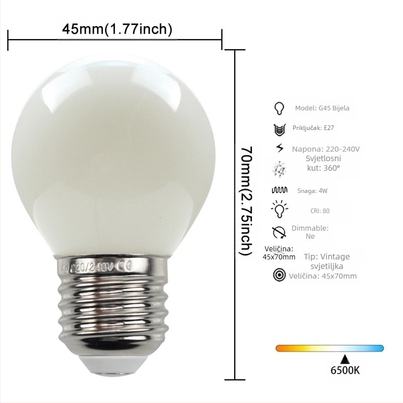 LED Edison stil žarulja, model G45, utičnica E27/E26, 220V, CRI > 90
