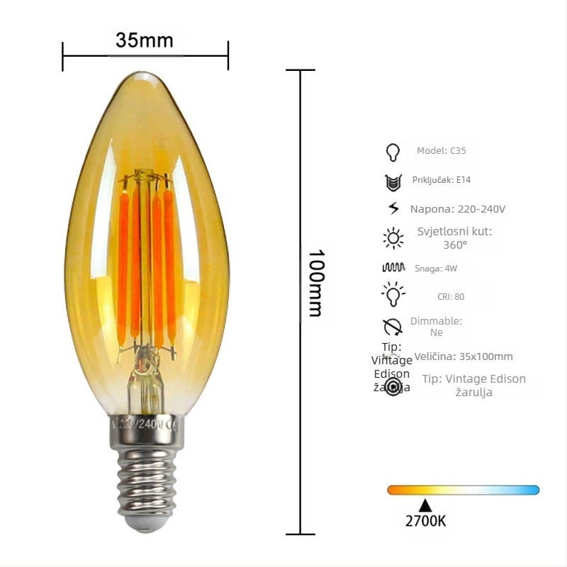 LED Edison stil žarulja, model G45, utičnica E27/E26, 220V, CRI > 90