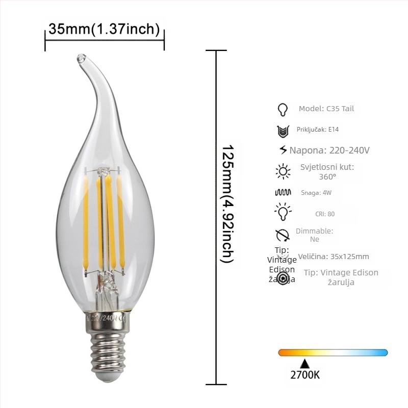 LED Edison stil žarulja, model G45, utičnica E27/E26, 220V, CRI > 90