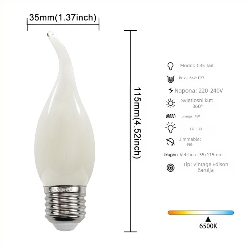 LED Edison stil žarulja, model G45, utičnica E27/E26, 220V, CRI > 90