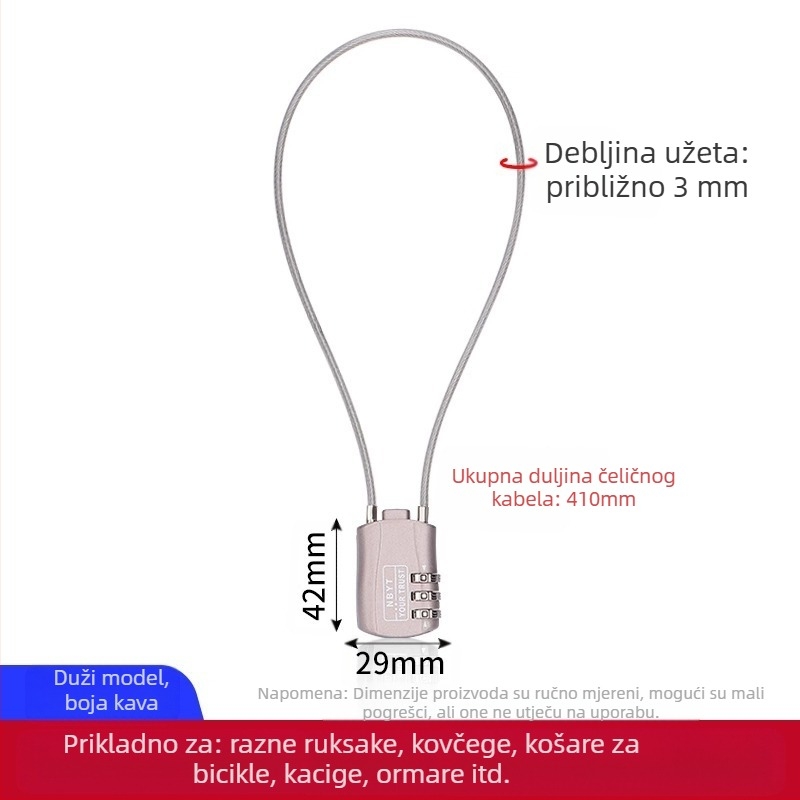 Katanac s čeličnim užetom – s kodom, metalni, vodootporni, otporni na hrđu